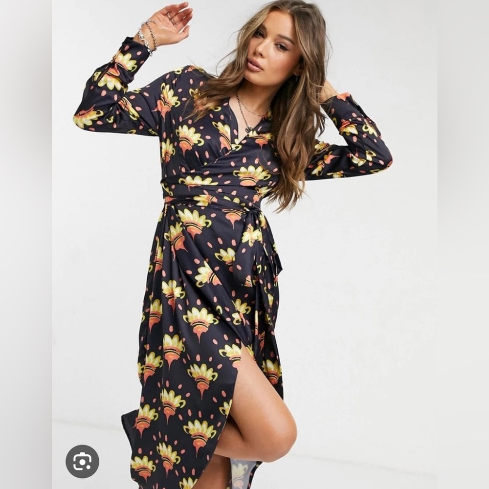 Never fully dressed long sleeve midi wrap satin dress
